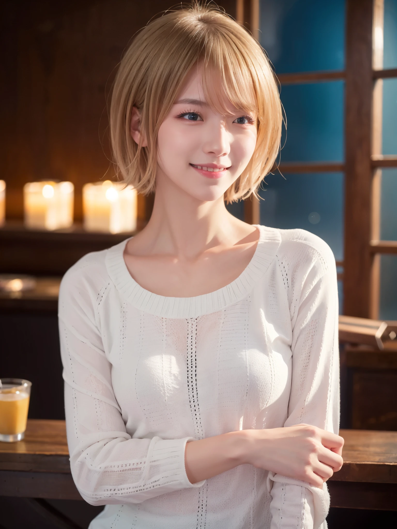 22 year old Japanese woman in casual clothes in the living room、Observe the audience、Pose with a smile(highest quality、masterpiece)))、High resolution、Very detailed、masterpiece、Cinema Lighting、(8k、highest quality、masterpiece:1.2)、(Realistic、Realistic:1.37) High resolution、Very detailed、One Girl 、Asian, cute, cute顔, alone, Blonde Short Hair1.2, Textured skin, Beautiful smile, Beautifully detailed skies, night, Cinema Lighting, Written boundary depth, Lens flare light、Sitting、date、(Blushing your nose)、(Laughter:1.15)、(Mouth closed)Small breasts、A beautiful eye for detail、(sweater:1.1)、night、(Blonde Short Hair:1.2)、Floating Hair Nova Frog Style、