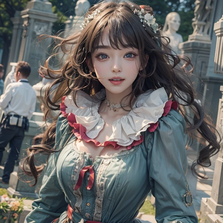 Standing in the grave、Hair flow、 ((highest quality、masterpiece、8k、Best image quality、Ultra-high resolution、Award-winning works)、(Accurate anatomy:1.1)、(Look at me and smile:1.1)、Shining fair skin with Ultra-high resolution、The most detailed face、Ultra-high resolution detailed face、Ultra-high resolutionの髪の毛、(Ultra-high resolution eye:1.1)、Beautiful face drawn in every detail、Cheerful clown costume, Chest to chest,  Strange atmosphere, Ghosts flow, Dark Light, At the Cemetery, Heavy makeup 