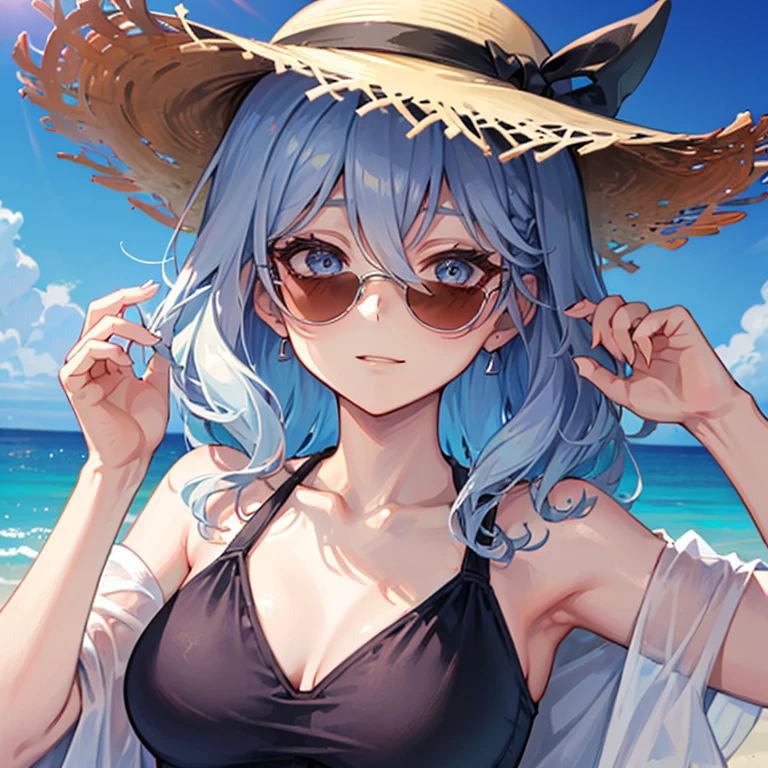 ((((Une femme)))),Femme avec des lunettes de soleil, [[[[Souriez méchamment]]]], (Haute qualité), cheveux argentés,Gapmoe Yandere, cheveux argentésの女性, portrait Gap Moe Yandere Grimdark,Érudit en blouse blanche,Magicien,À moitié,Cheveux moyens,Poils entre les yeux,cheveux ondulés,tout le corps,(((3))),Une image animée,((((((Une femme)))))),((((Porter un paréo à la plage)))),porter un chapeau de paille,été,Maillot de bain noir cool à épaules dénudées