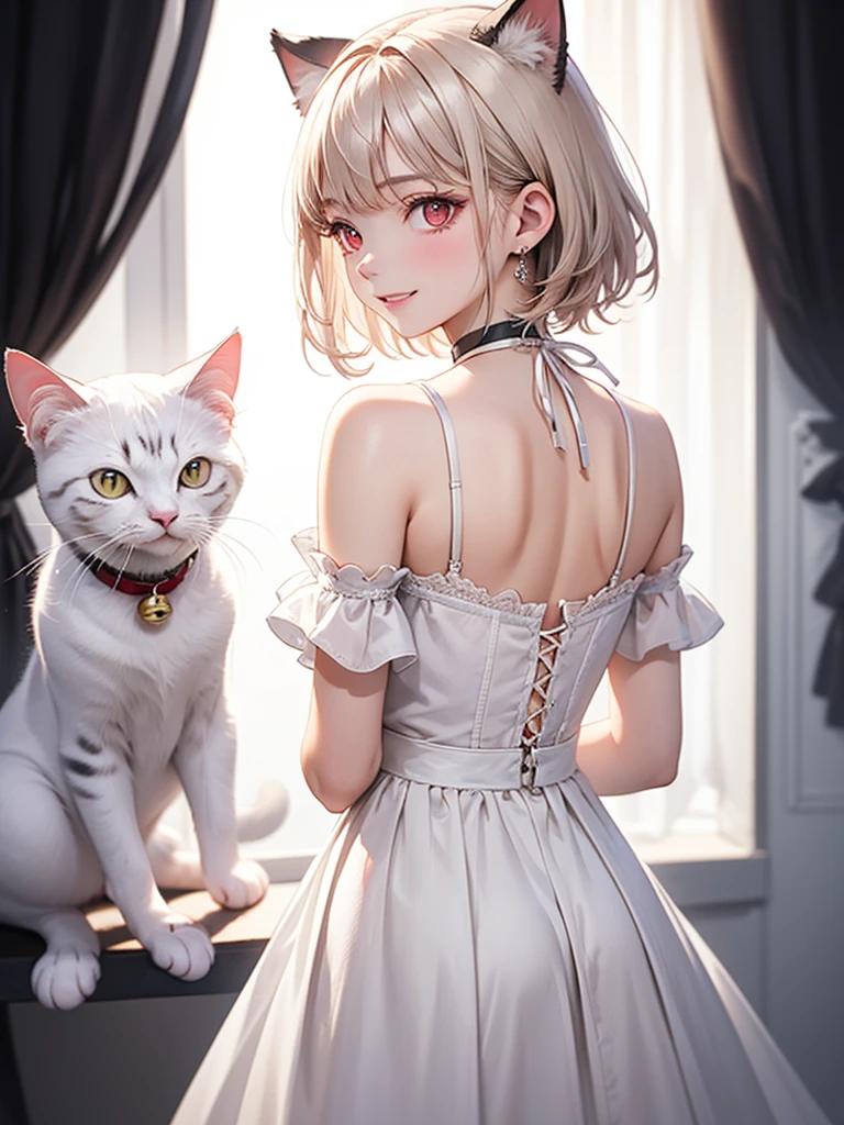 art by Cornflower,(​masterpiece),(top-quality:1.2),((perfect anatomy)),((perfect fingers)),(1 cat ear girl),(flat chest), messy short white Hair, white neat feminine fashion,very coquettish,beautiful detailed red eyes,white cat tail,bell choker, the art of dramatic and photorealistic painting, beautiful smile,film lighting,depth of written boundary,create an ethereal atmosphere like a dream,((arms behind back))