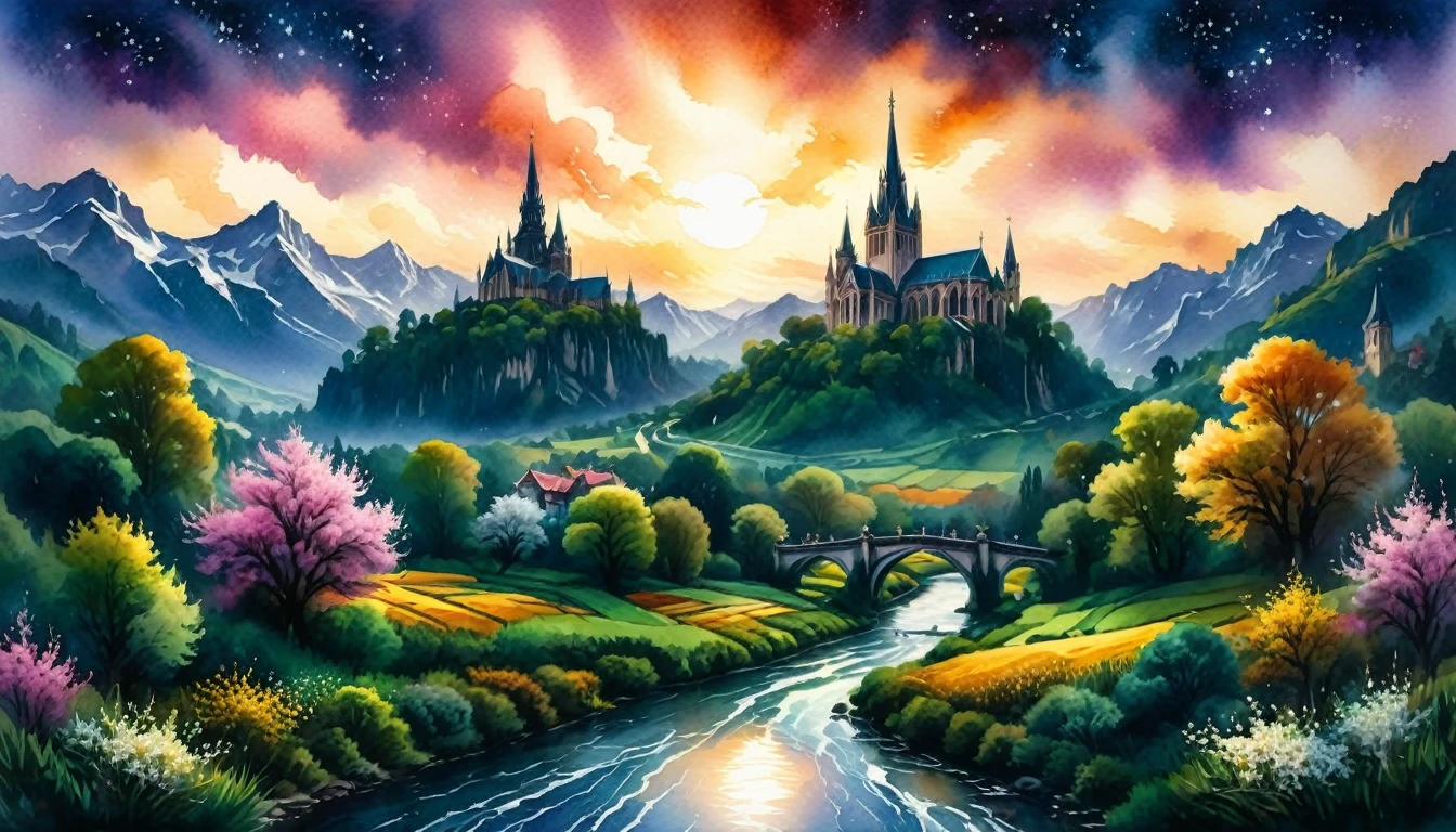 Watercolor painting, masterpiece in maximum 16K resolution, superb quality, highly detailed, ((view from the castle wall with a blooming branch)), vast nature landscape with Gothic spires and snowy peaks, ((magic orbs)), grand ornate bridge over the river, twilight warm hues, serene atmosphere.