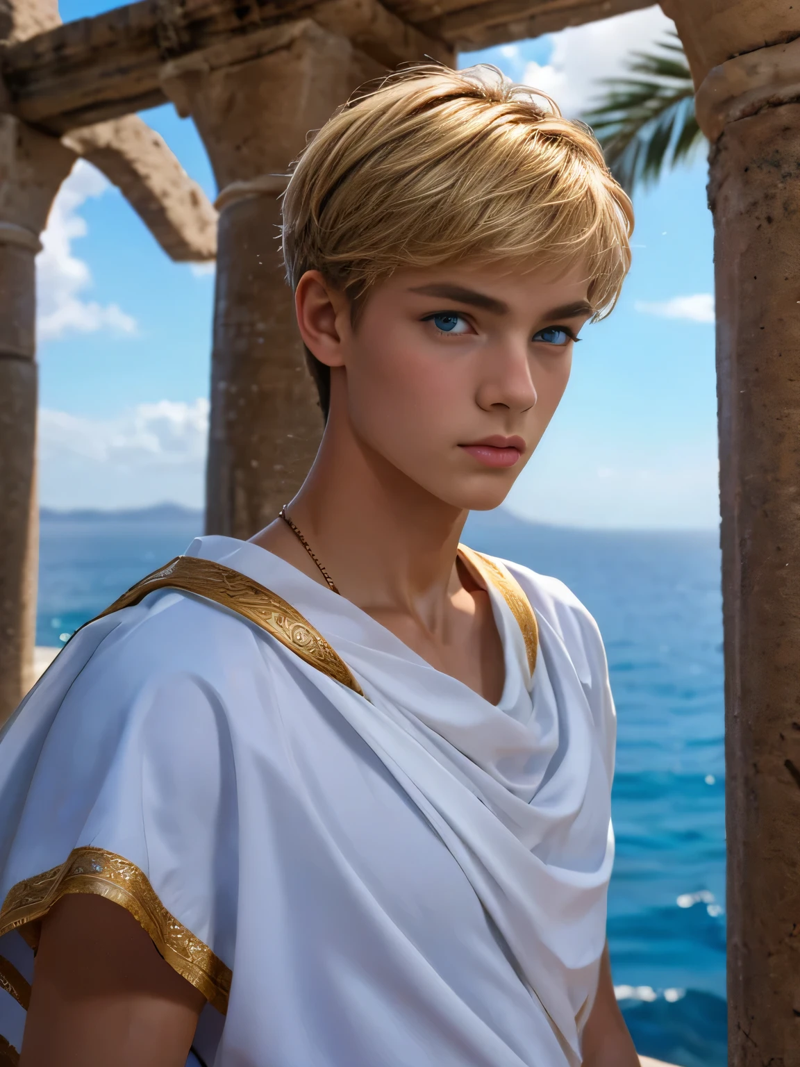 Portrait, 1boy, 17 years old, wears Greek toga, ancient Greece, handsome, Greek model, blonde boy, blue eyes, symmetrical, focus on the boy, medium shot, slim but defined body, looking at the camera, film grain, young god greek, beauty, pose, super model, young god greek beauty, representation of a Greek god, glorious, majestic, supreme, water, ocean, poseidon, artistic portrait, artistic pose, photography award