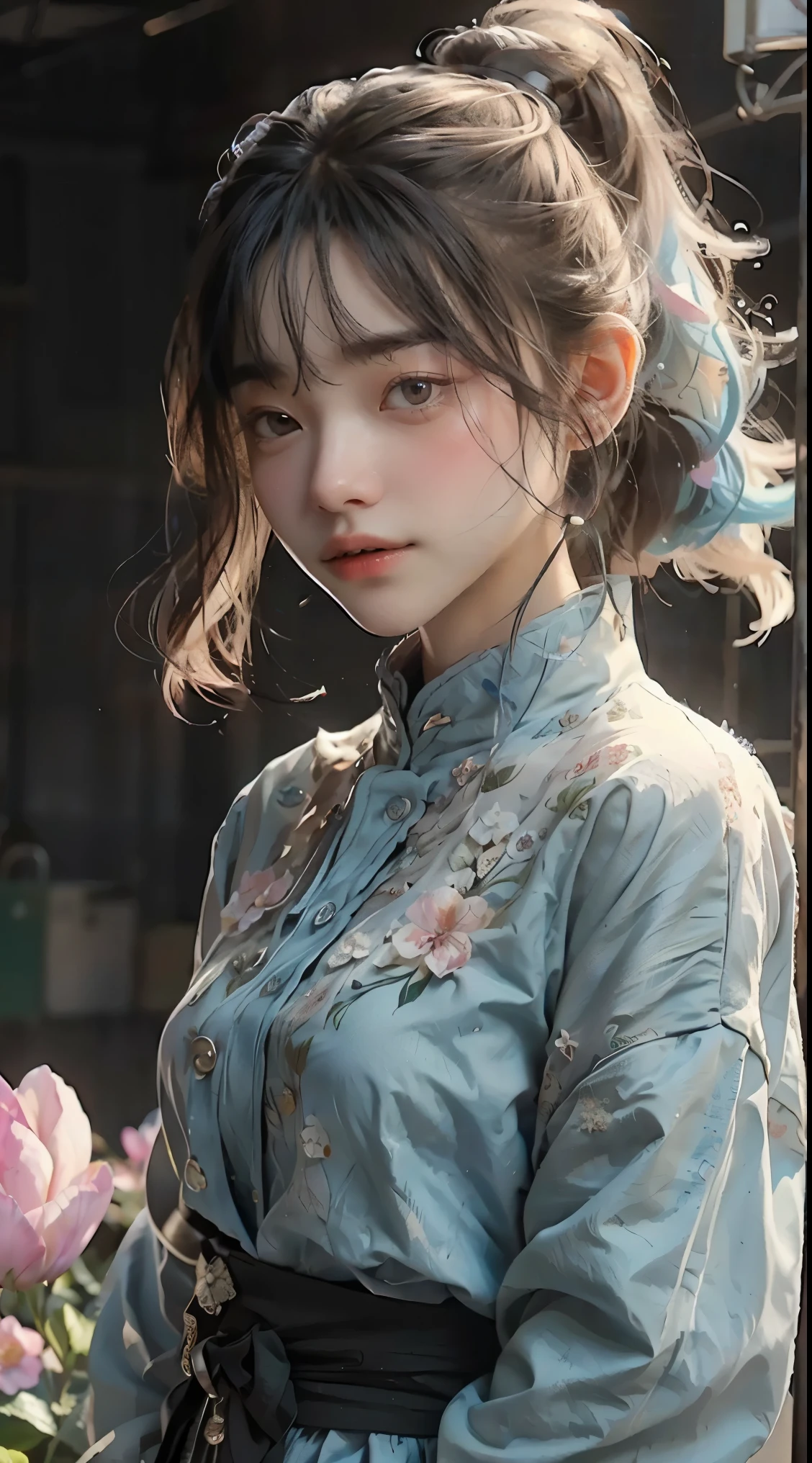 (masterpiece), (best quality), (ultra detailed),(disheveled hair),(illustration), (1girl), (Fashionable clothing), standing, Fashion model, looking at viewer, (interview), (simple background),beautiful detailed eyes, delicate beautiful face, Floating,(high saturation),(colorful splashes),colorful bubble,(shining), focus on face,  ponytail, kamisato ayaka, light blue hair, bangs, hair ring, floating flowers, floating hairs, (shining), best lighting, best shadow,