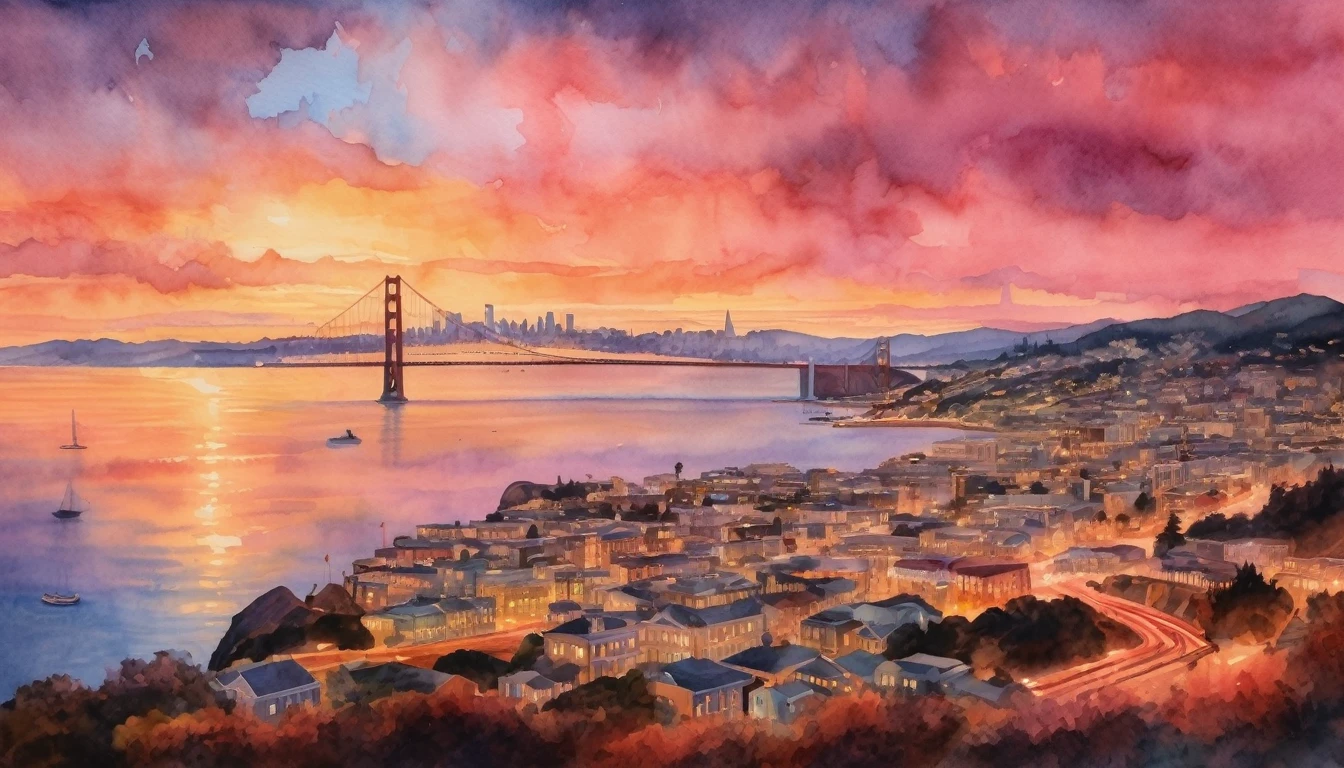 a detailed watercolor painting of San Francisco with Alcatraz Island Prison at sunset, breathtaking landscape, Golden Gate Bridge, serene waters, warm orange and pink sky, atmospheric lighting, dramatic clouds, impressionistic style, high quality, 8k, masterpiece