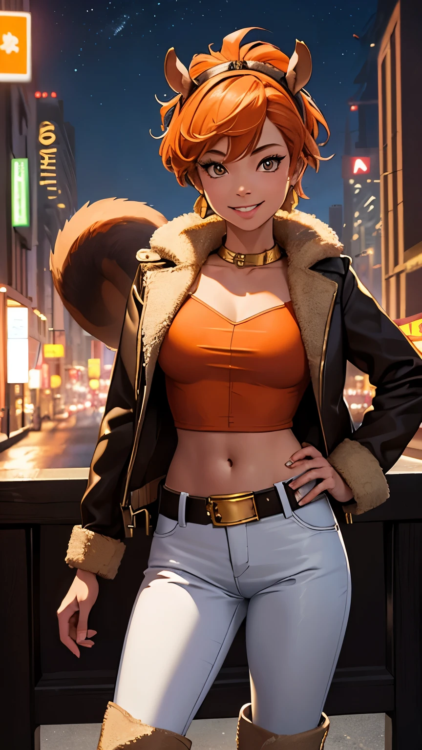 ,(Highly quality, masterpiece, detailed), Night city detailed scenario, Night city detailed background, 20 years old girl, smile, Squirrel girl, Brown jacket, orange shirt, crop top, gold belt, white pants, boots, fluffy boots, Abdomen, Navel, beautiful eyes, perfect eyes, looking at the viewer, Sexy pose