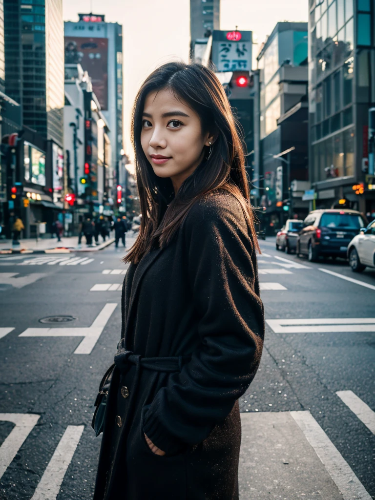 Photoreal, 8K full-length portrait, Beautiful woman, attractive look, Clear system, 20-year-old, Tokyo city, winter, Shibuya in the background