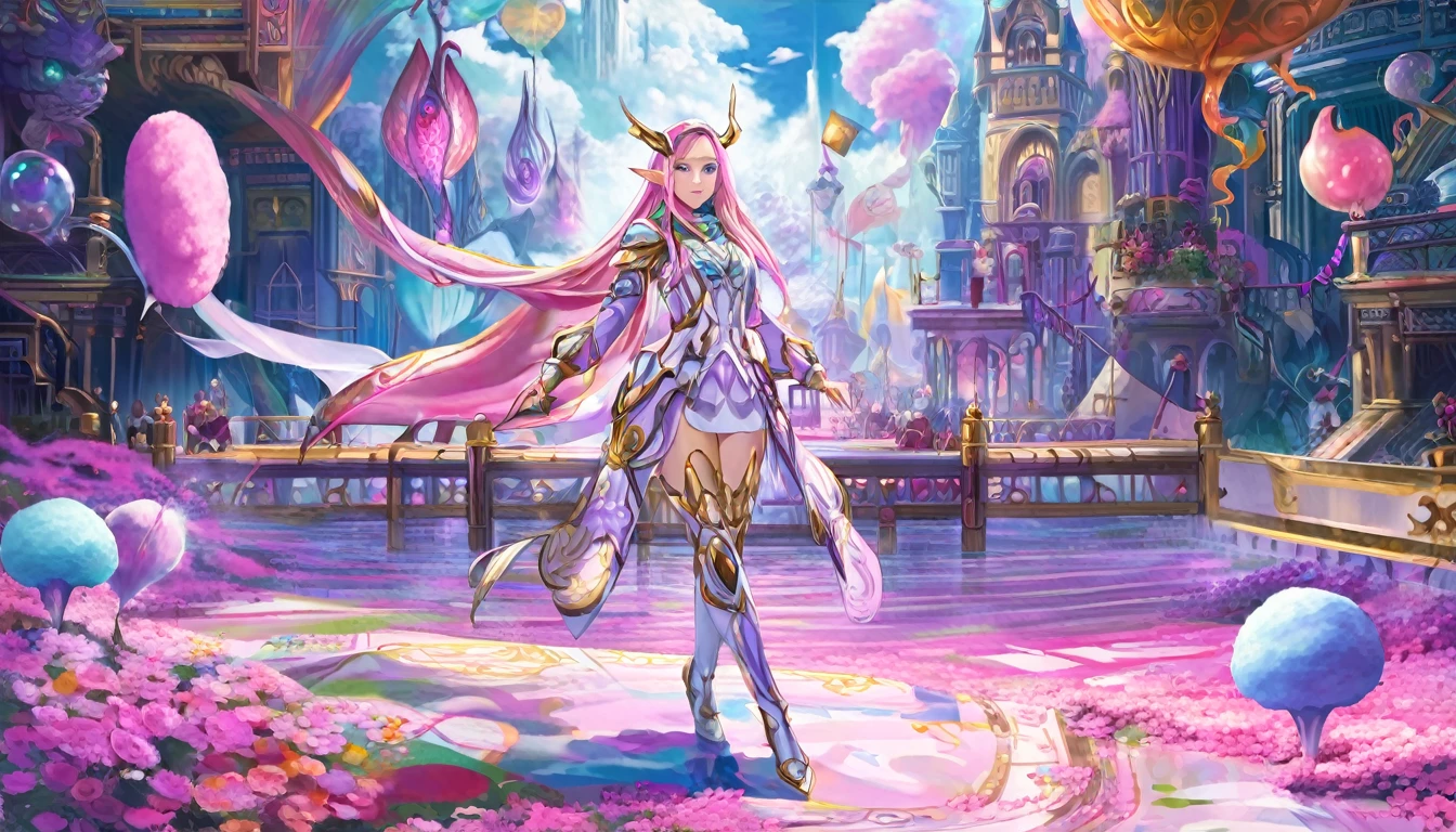 (Cryptic Force)(Extreme complexity, two subjects)(subject 1: cryptic girl, purple white gradient long hair, indifferent, kind, high tech suit with many gadgets and blinking lights) (subject 2: elf companion, high fantasy regal outfit, very big eyes and ears) battling a (cotton candy pink) dragon, blue prairie, ethereal, fantasy, magical realism, highly detailed, 8k, cinematic lighting, vibrant colors, dramatic composition, intricate details, imaginative, cinematic perspective, surreal, dreamlike, whimsical, beautiful, magical, (best quality,4k,8k,highres,masterpiece:1.2),ultra-detailed,(realistic,photorealistic,photo-realistic:1.37) (show both women head to toe)