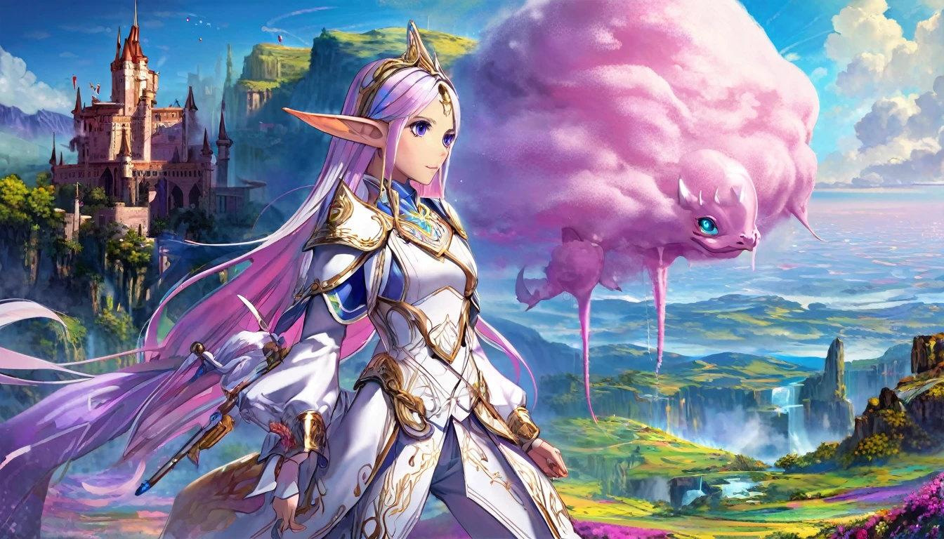 (Cryptic Force)(Extreme complexity, two subjects)(subject 1: cryptic girl, purple white gradient long hair, indifferent, kind, high tech suit with many gadgets and blinking lights) (subject 2: elf companion, high fantasy regal outfit, very big eyes and ears) battling a (cotton candy pink) dragon, blue prairie, ethereal, fantasy, magical realism, highly detailed, 8k, cinematic lighting, vibrant colors, dramatic composition, intricate details, imaginative, cinematic perspective, surreal, dreamlike, whimsical, beautiful, magical, (best quality,4k,8k,highres,masterpiece:1.2),ultra-detailed,(realistic,photorealistic,photo-realistic:1.37) (show both women head to toe)