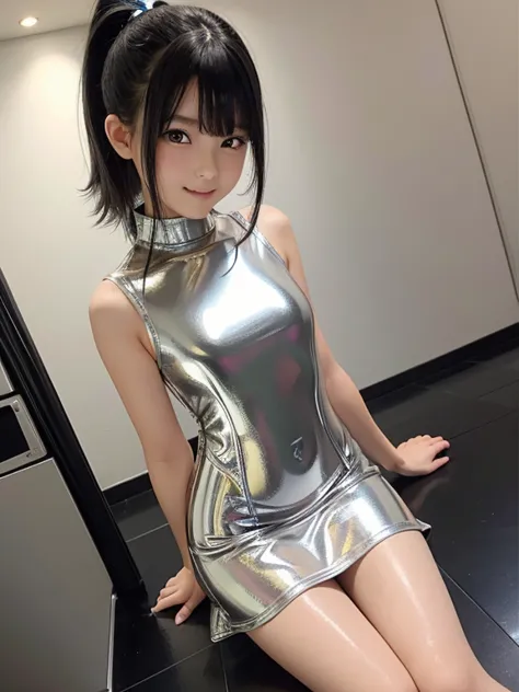 11-year-old idol、Short Ponytail、Black Hair、Shot in a luxury hotel、Ultra-shiny metallic silver dress made from latex material、(超タ...