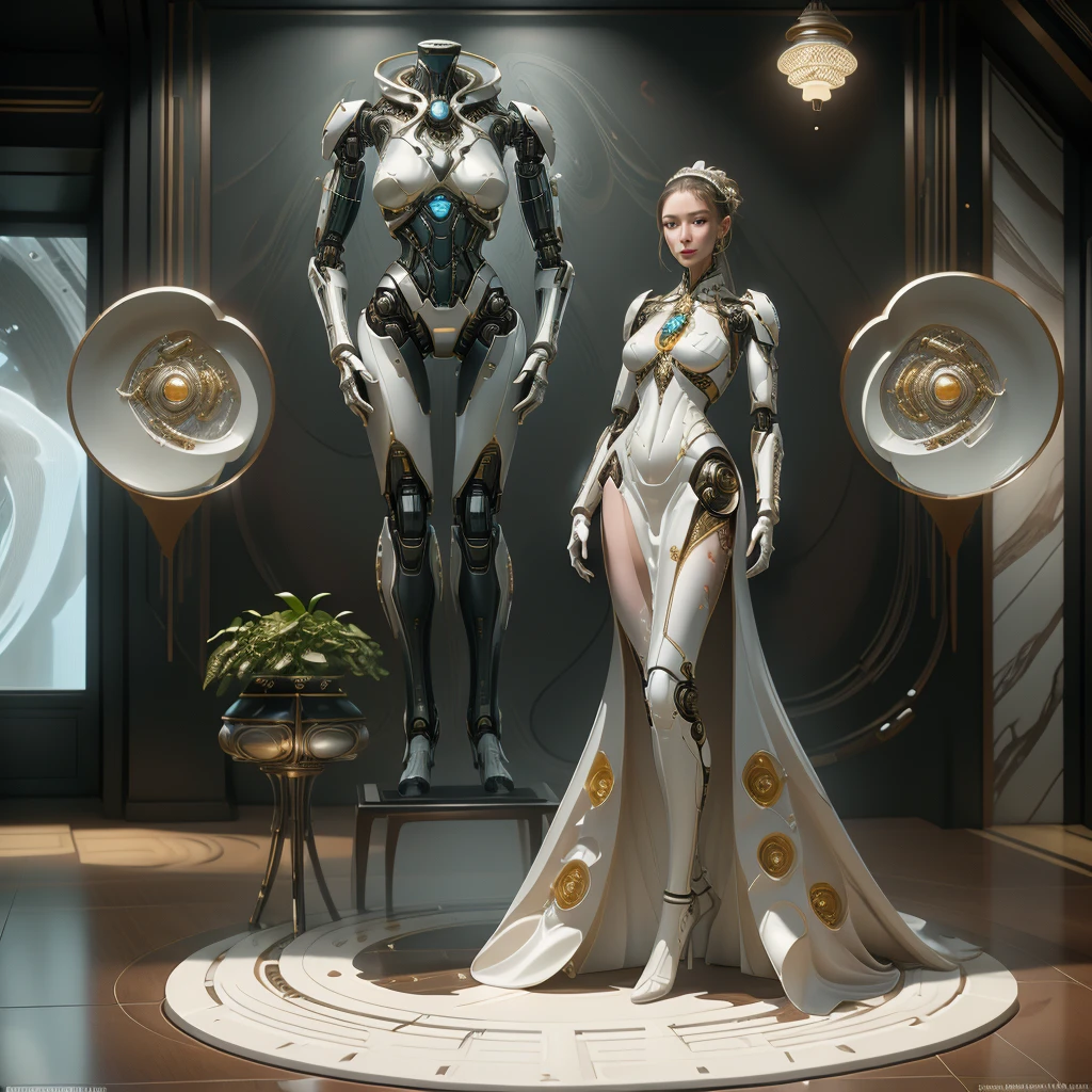 Porcelain female robot, towering and slender in form, adorned with intricate craftsmanship, methodically places a vibrant array of dish into a pristine white bowl, the entirety of this scene depicting an immaculate white kitchen serving as its frame, ultra high-resolution imagery, given life through 8K resolution, minute granularity moonlighting the details, delicate lighting pouring in from a natural source, permeating