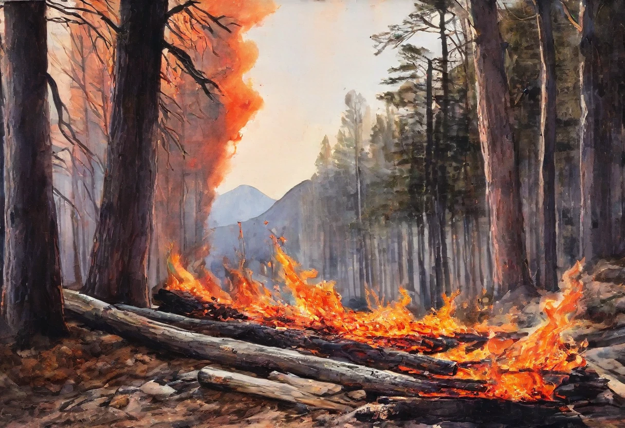 vibrant Watercolor painting emulating Philippe Vignal's style, forest ablaze with fiery hues, viewed from a mountain peak, hyperrealistic textures capturing the destructive fire, in the foreground, a rustic sign reading "no campfires" and another warning "danger", additional "masterpiece" signature drips of orange paint bleeding beyond the canvas edges, hyper-detailed, dramatic lighting, evocative of urgent wilderness, photography, 
