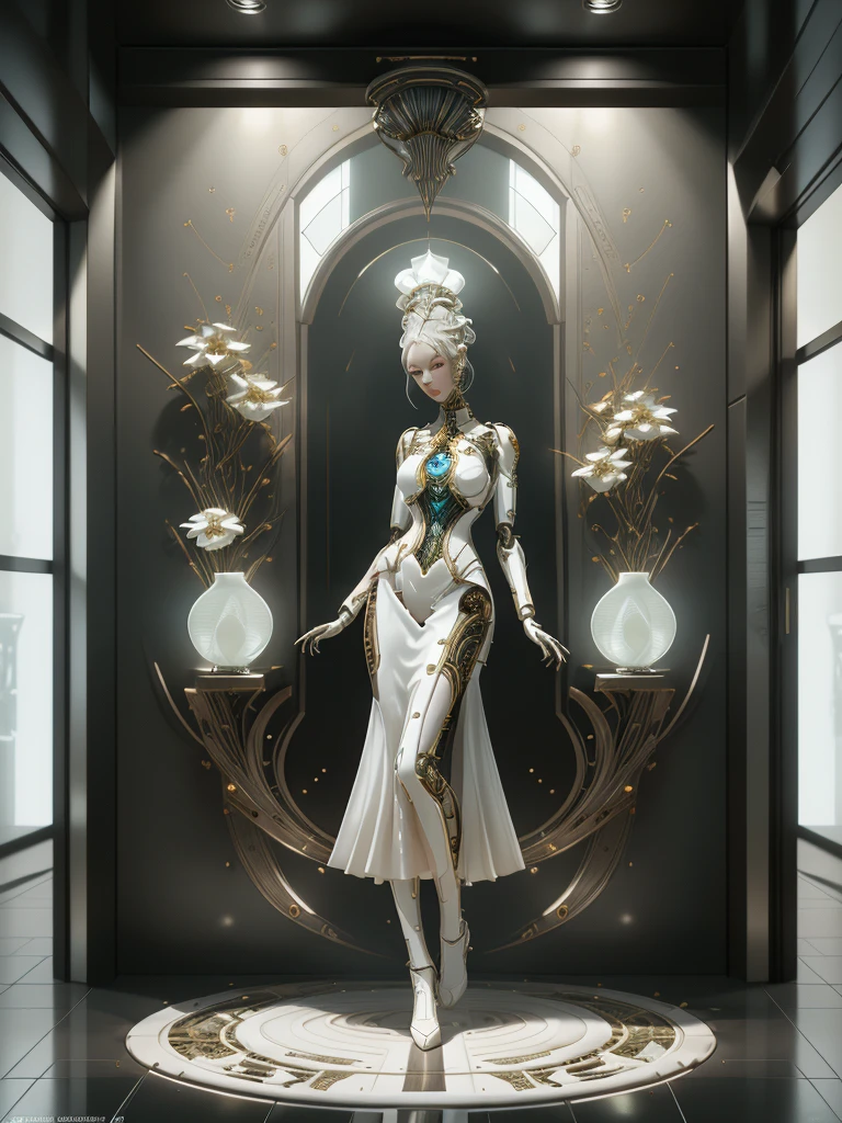 Porcelain female robot, towering and slender in form, adorned with intricate craftsmanship, methodically places a vibrant array of dish into a pristine white bowl, the entirety of this scene depicting an immaculate white kitchen serving as its frame, ultra high-resolution imagery, given life through 8K resolution, minute granularity moonlighting the details, delicate lighting pouring in from a natural source, permeating