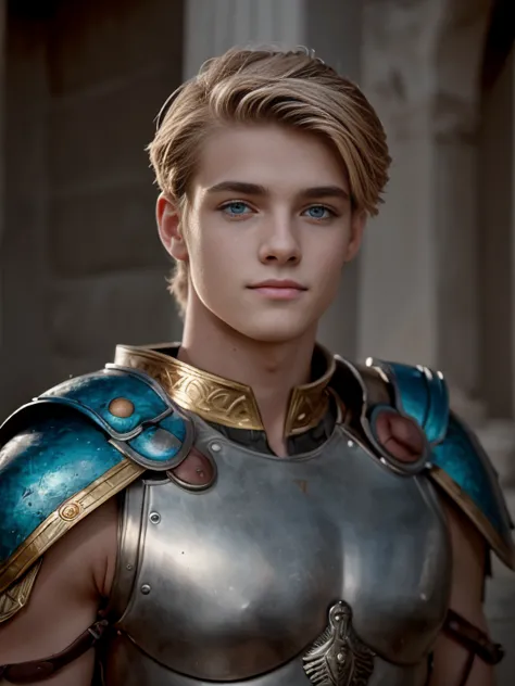 Portrait, 1boy, 20 years old, armor, warrior, ancient Rome, handsome, Greek model, blonde boy, blue eyes, symmetrical, focus on ...