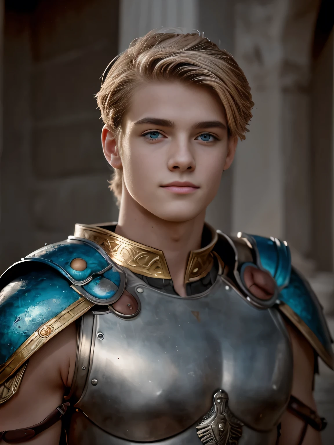 Portrait, 1boy, 20 years old, armor, warrior, ancient Rome, handsome, Greek model, blonde boy, blue eyes, symmetrical, focus on the boy, medium shot, looking at the camera, film grain, young god greek, beauty, pose, super model, young god greek beauty, representation of a Greek god, glorious, majestic, supreme, nature, artistic portrait, artistic pose, photography award