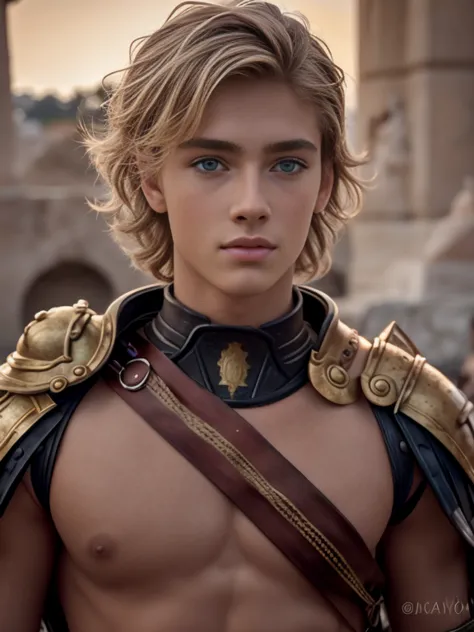 Portrait, 1boy, 20 years old, armor, warrior, ancient Rome, handsome, Greek model, blonde boy, blue eyes, symmetrical, focus on ...