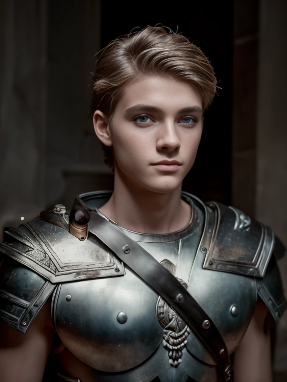 Portrait, 1boy, 20 years old, armor, warrior, ancient Rome, handsome, Greek model, blonde boy, blue eyes, symmetrical, focus on the boy, medium shot, looking at the camera, film grain, young god greek, beauty, pose, super model, young god greek beauty, representation of a Greek god, glorious, majestic, supreme, hero, solo, artistic portrait, artistic pose, photography award