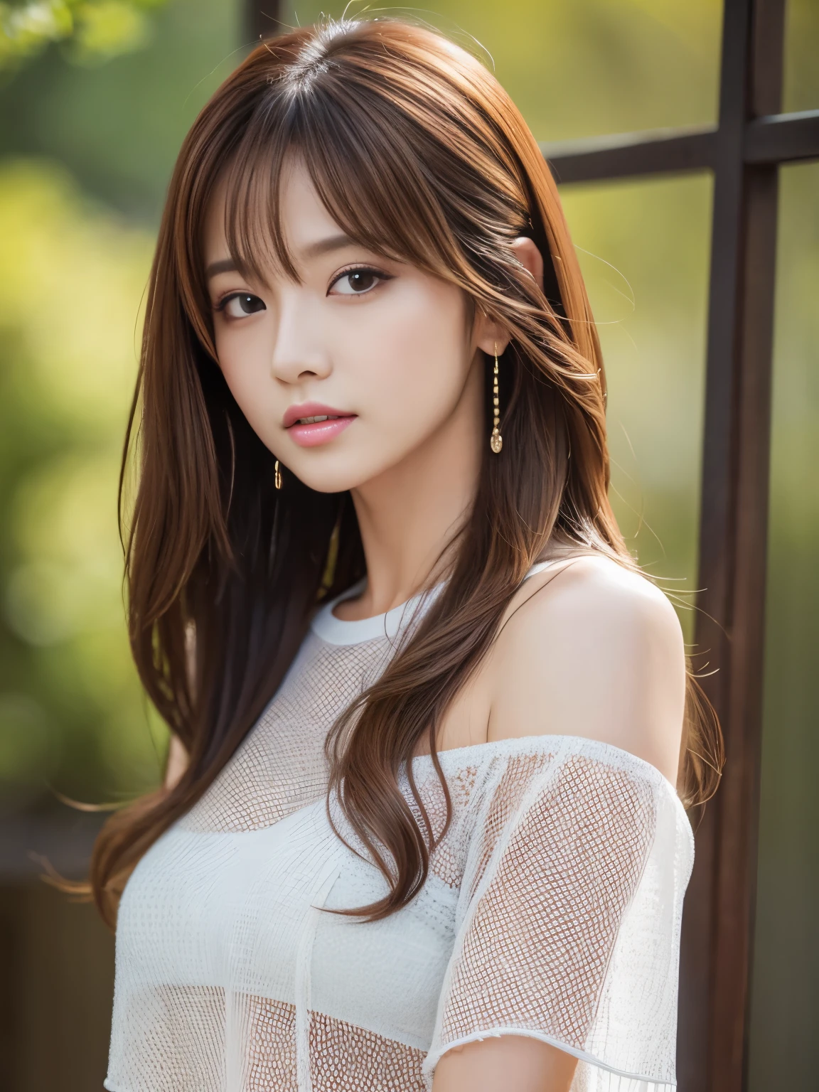 Ultra High Definition, Superior Quality, Premier Quality, ultra detailed, Photorealistic, 8k, RAW Photos, highest quality, masterpiece,  Attractive Woman, Stunning Lady, Brown Hair, Shoulder Length Layered, Mesh Hair, Japanese Idol, Sophisticated, Stylish, 
