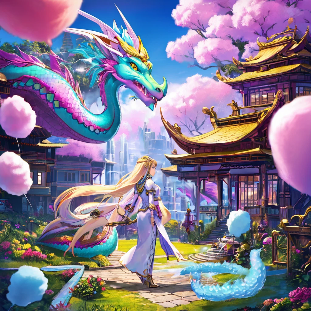 (Cryptic Force)(Extreme complexity, two subjects)(subject 1: cryptic girl, purple white gradient long hair, indifferent, kind, high tech suit with many gadgets and blinking lights) (subject 2: elf companion, high fantasy regal outfit, very big eyes and ears) taming a (cotton candy pink) dragon, blue prairie, ethereal, fantasy, magical realism, highly detailed, 8k, cinematic lighting, vibrant colors, dramatic composition, intricate details, imaginative, cinematic perspective, surreal, dreamlike, whimsical, beautiful, magical, (best quality,4k,8k,highres,masterpiece:1.2),ultra-detailed,(realistic,photorealistic,photo-realistic:1.37) (show both women head to toe)