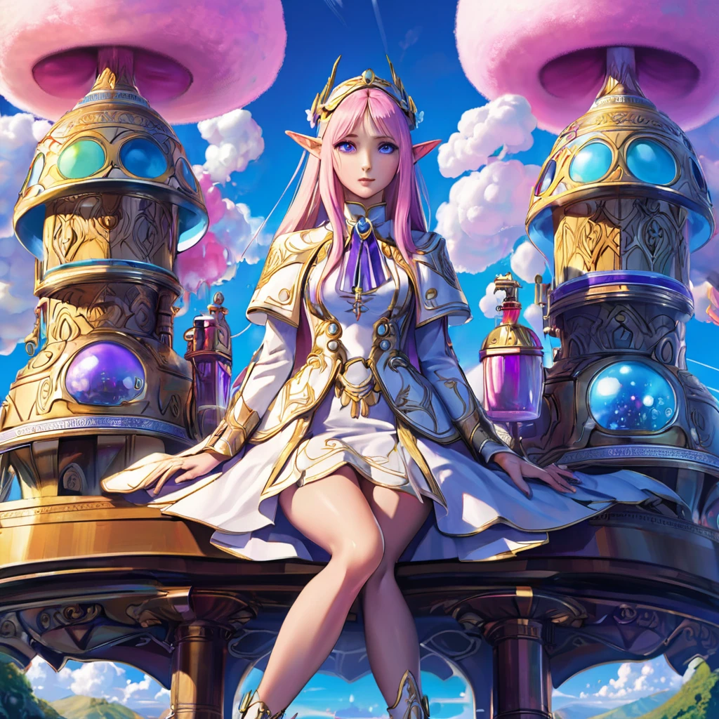 (Cryptic Force)(Extreme complexity, two subjects)(subject 1: cryptic girl, purple white gradient long hair, indifferent, kind, high tech suit with many gadgets and blinking lights) (subject 2: elf companion, high fantasy regal outfit, very big eyes and ears) taming a (cotton candy pink) dragon, blue prairie, ethereal, fantasy, magical realism, highly detailed, 8k, cinematic lighting, vibrant colors, dramatic composition, intricate details, imaginative, cinematic perspective, surreal, dreamlike, whimsical, beautiful, magical, (best quality,4k,8k,highres,masterpiece:1.2),ultra-detailed,(realistic,photorealistic,photo-realistic:1.37) (show both women head to toe)