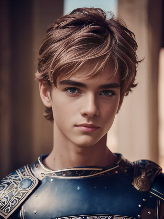 Portrait, 1boy, 20 years old, armor, warrior, ancient Rome, handsome, Greek model, blonde boy, blue eyes, symmetrical, focus on the boy, medium shot, looking at the camera, film grain, god greek, beauty, pose, super model, young god greek beauty, representation of a Greek god, glorious, majestic, supreme, hero, solo, artistic portrait, artistic pose, photography award