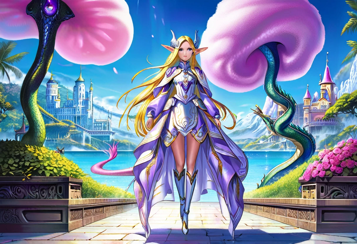 (Cryptic Force)(Extreme complexity, two subjects)(subject 1: cryptic girl, purple white gradient long hair, indifferent, kind, high tech suit with many gadgets and blinking lights) (subject 2: elf companion, high fantasy regal outfit, very big eyes and ears) taming a (cotton candy pink) dragon, blue prairie, ethereal, fantasy, magical realism, highly detailed, 8k, cinematic lighting, vibrant colors, dramatic composition, intricate details, imaginative, cinematic perspective, surreal, dreamlike, whimsical, beautiful, magical, (best quality,4k,8k,highres,masterpiece:1.2),ultra-detailed,(realistic,photorealistic,photo-realistic:1.37) (show both women head to toe)