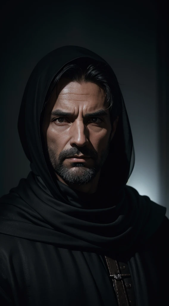 (best quality,4k,highres:1.2),ultra-detailed,(realistic,photorealistic:1.37),full body,40-year-old man,arrogant face,sharp features,slim face,thin face,detailed face,fatigued expression,short black hair with white strands,black medieval clothes,silk scarf,gloved hands,dark and moody lighting,portrait,contrasting colors,subtle shadows,mysterious atmosphere