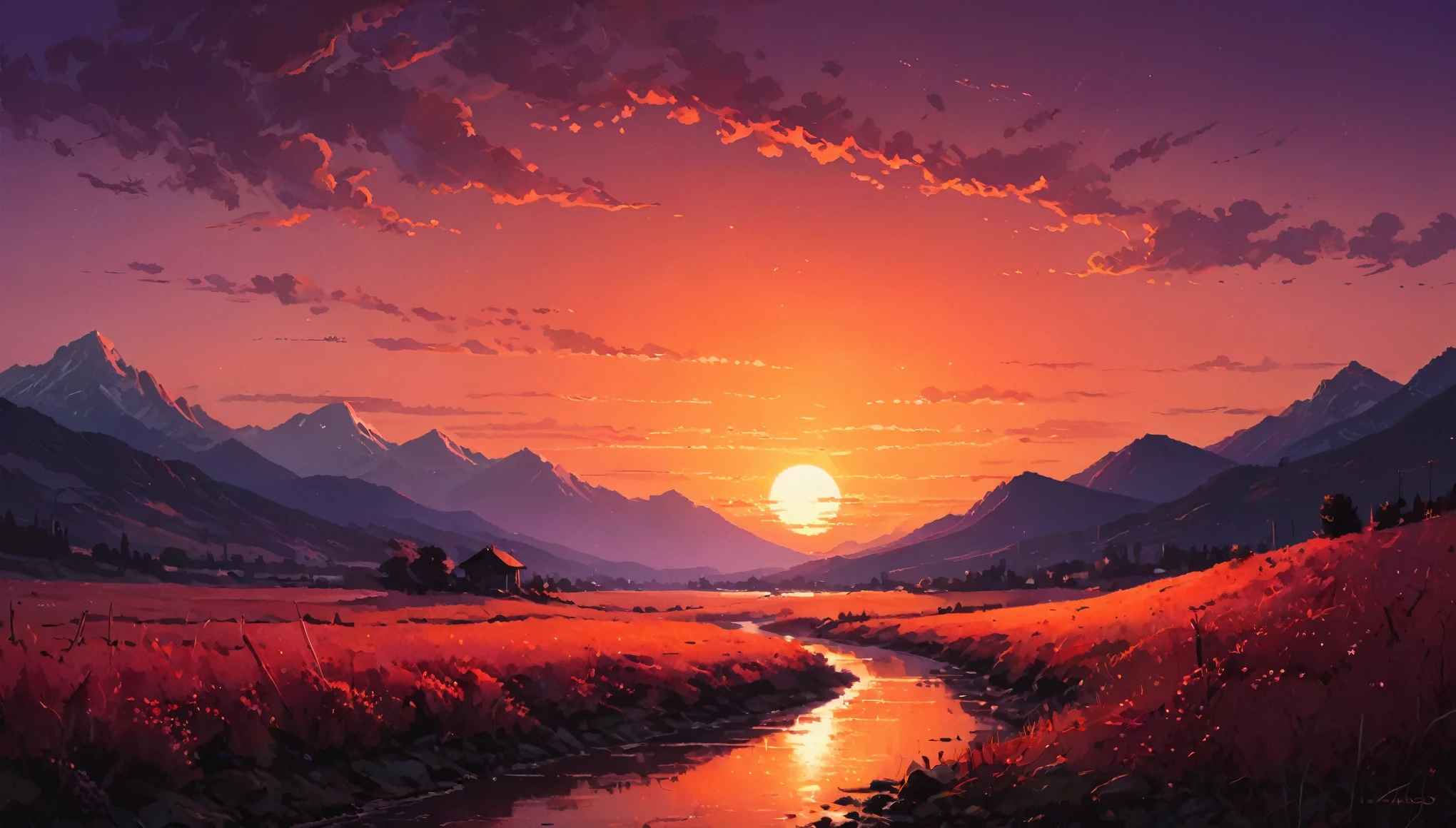 The View Outside, red morning glow, sunset, by Alena Aenami, (masterpiece, best quality, perfect composition, very aesthetic, absurdres, ultra-detailed, intricate details, Professional, official art, Representative work:1.3)（warm light source：1.2），（glow worm：1.2），lamp light，lots of purple and orange, 