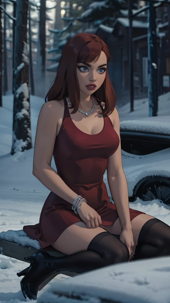 Masterpiece, Best quality, Very young Russian girl, red hair , Curly, Medium long hair without hairstyle, crystalblueeyes, Short thight cotton red dress with red color, can see body under dress, Bracelet on the left wrist, necklace around the neck, Black openwork stockings, High-heeled shoes, sitting on a stone in the middle of a winter forest, look into the distance, snowy wild forest, It's cold, it's snowing, beautiful face and slim body, shapely legs, steam from the mouth, innocent and deep look, thick fog, photorealism, photographic appearance, RAW style.