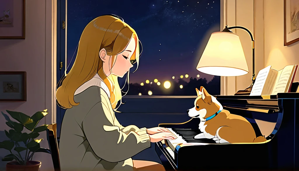 evening, lo fi music for study,
Girl sitting in a cozy corner, Draw a piano.
The soft yellow light of the desk lamp illuminates her thoughtful expression., Demonstrates deep concentration and a calm demeanor.
Her gentle gaze comforts the heart..
Adds atmosphere to a quiet night, Creates a peaceful and calm atmosphere,With dog Corgi.
