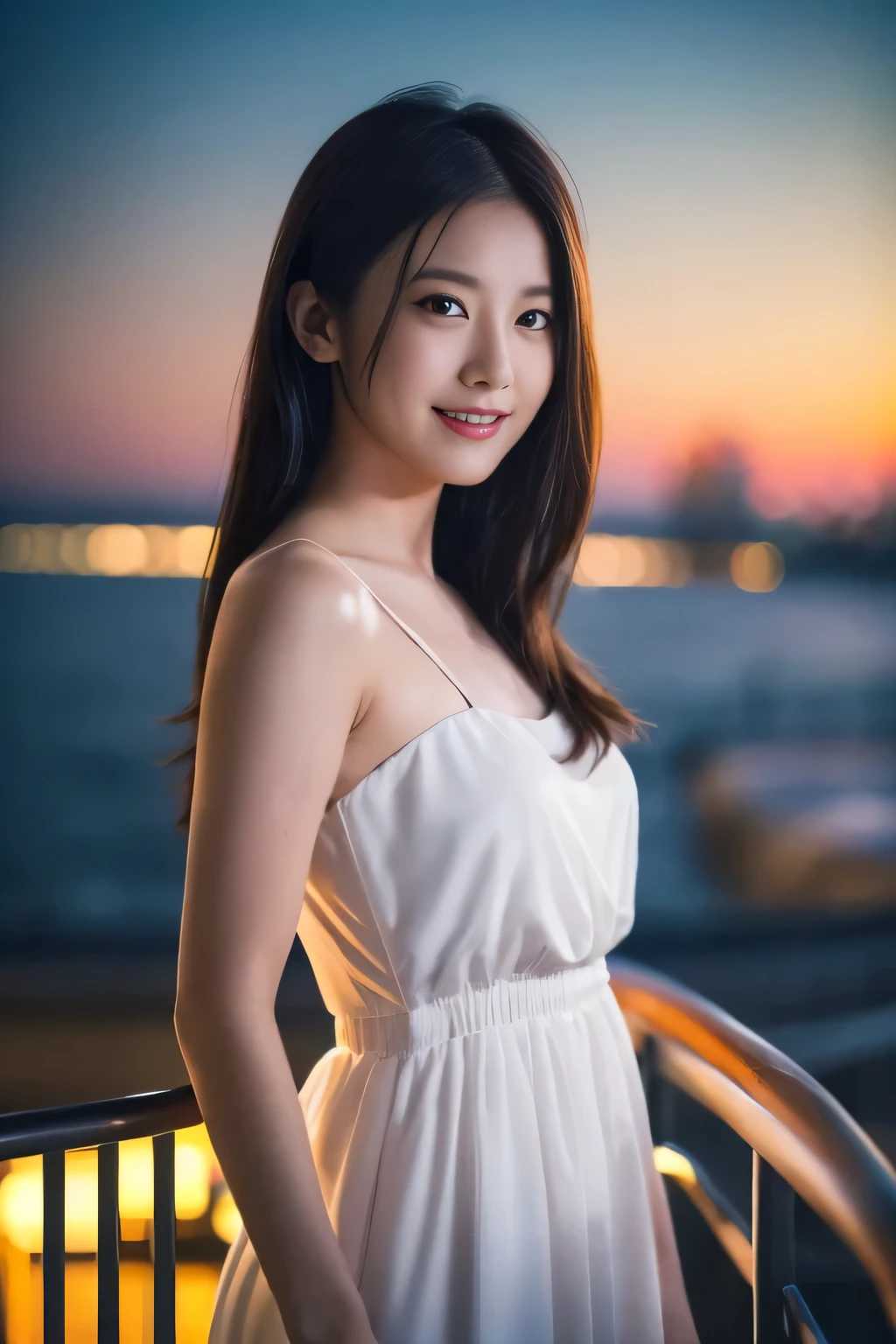 
((Tabletop:1.4, highest quality)), (Realistic photos:1.4), 
((1 girl)), (Beautiful actress), (dream-like),
(超High resolution:1.2), Very delicate and beautiful, wonderful, Very detailed CG Unity 8k wallpaper, Very detailed, High resolution, 
Soft Light, Beautiful detailed girl, Very detailedな目と顔, Beautiful and exquisite nose, Beautiful and exquisite, 
(Long dress:1.3),
Cinema Lighting, Perfect Anatomy, Slender body, Cowboy Shot, Looking at the camera, Old-fashioned smile,
(Yokohama Minato Mirai), (Million Dollar Night View), (Waterfront), (Luxury cruise ship at anchor)
