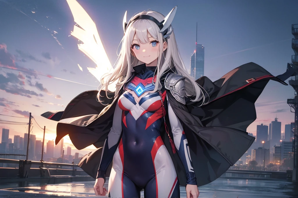 (masterpiece、highest quality、In 8K、High resolution:1.2)、alone、One Girl、 Tight clothes、Cowboy Shot、Look at the viewers、smile、Hero Suit、Bodysuits、Tight suit、Trained abdominal muscles、Trained biceps、(Hmph :1.0）、 ウルトラマンBodysuits、Shining jewel on the chest、（building:1.2)、Night Scenery