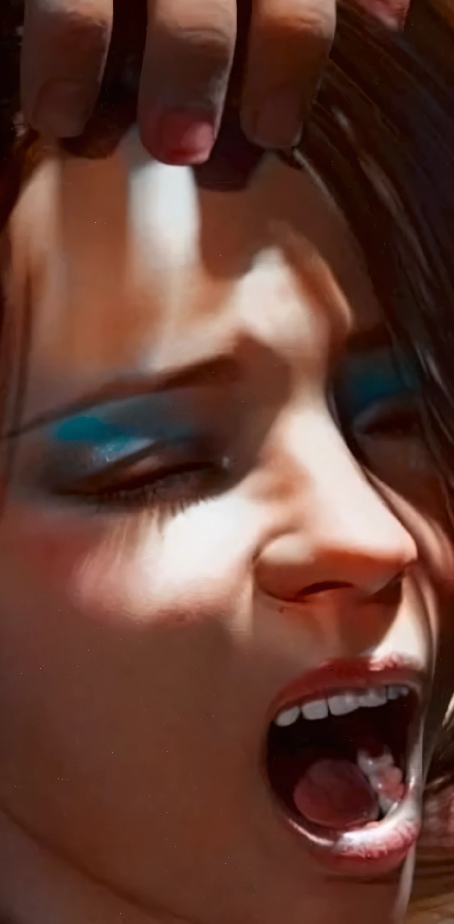 there is a woman with a very open mouth on her face, cinematic close-up bust shot, realistic afternoon lighting, photorealistic picture, detailed sensual face, photorealistic beautiful face, close up face, cinematic closeup!!, face close up, close up at face, extremely close shot, highly detailed giantess shot, ultra realistic picture, photorealistic digital painting