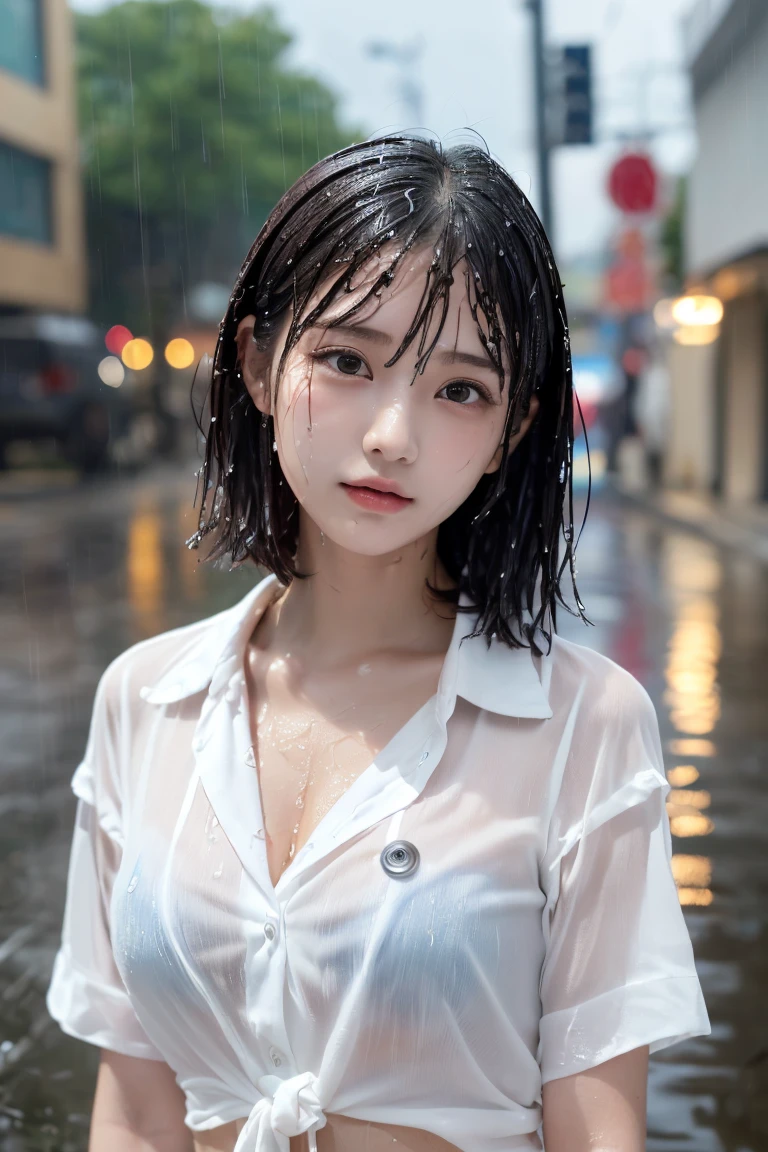 ((Best image quality、8k、masterpiece:1.3))、Sharp focus:1.2、Beautiful woman with perfect body:1.4、Slim Belly:1.2、((Layered Haircut、big:1.2))、(No bra)(Small and beautiful、difficult(thin, Wet button down shirt length:1.1)、(rainに濡れた学校の先生の衣装:1.3)、(rain、street:1.2)、Wet body:1.1、Highly detailed face and skin texture、Detailed eyes、double eyelid、 Sunburnした肌、sexy、Sunburn、Nogizaka Idol、Korean Idol、Carving an idol pose、