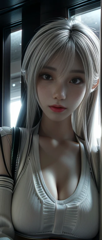 masterpiece,Game Art,Best picture quality,Maximum resolution,8K,(A bust photo),(portrait),(Head close-up),(Rule of Thirds),Unreal Engine 5 rendering works,
20 year old girl,Short hair details,Long bangs,(white hair),Red Eyes,Elegant and generous,(Large target, Full breasts),(Wearing a white coat,Red suspender underwear),shut your mouth,Serious yet charming,(scholar),Photo poses,Sci-fi style laboratory,White room,
light，Ray Tracing，Game CG，((3D Unreal Engine))，OC rendering reflection mode