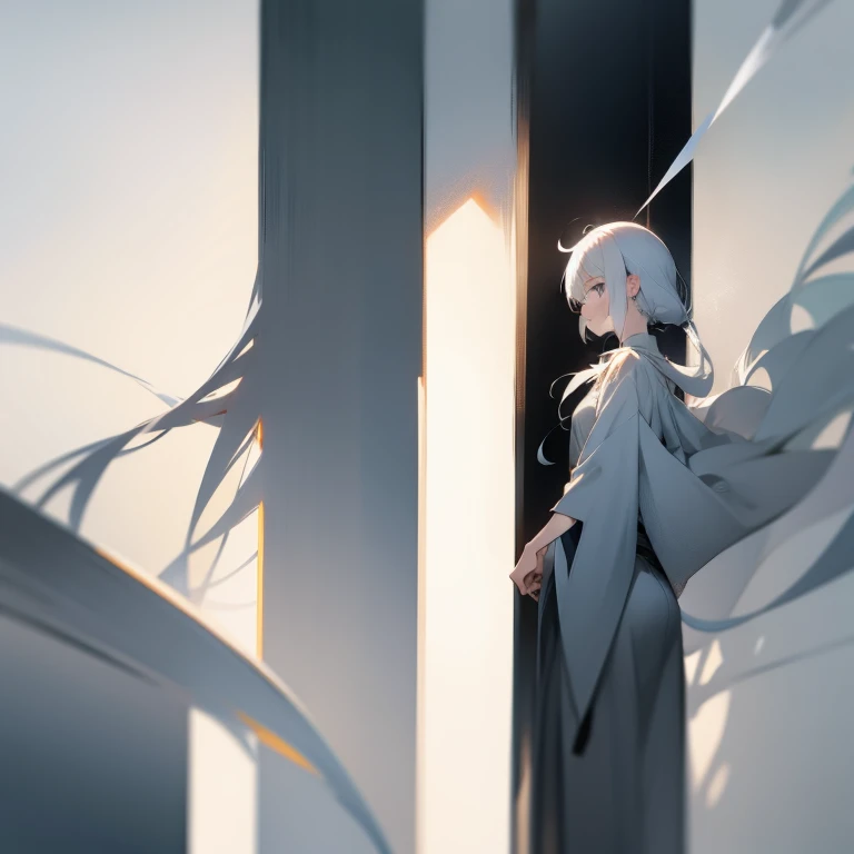 (White-haired girl: 1.2, minimalist: 1.1, Japanese anime, masterpiece, delicate: 1.2, high detail, light and shadow, shadow, fine dust in floating, monochrome background: 0.75)