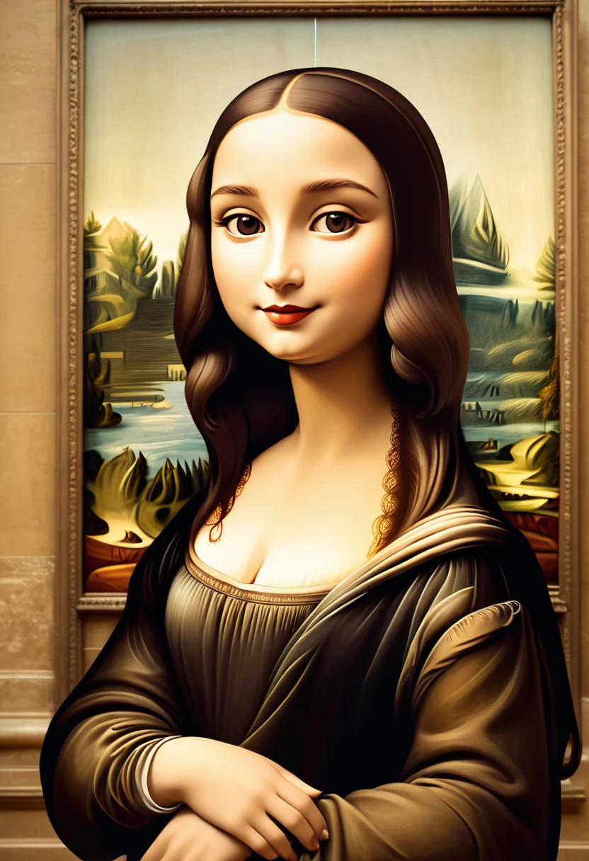 dynamic view, cinematic, RAW quality capture, POV, soft sepia effect, retro effect, masterpiece, cartoon, Disney style, Daisy as Da Vinci's Mona Lisa exhibited in the Louvre, vintage retro atmosphere, best quality,