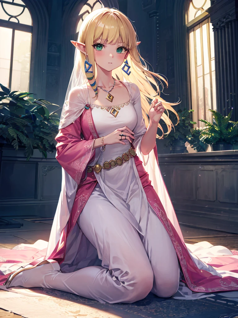 ((Show your armpits)),Surprised,Blushing,Princess Zelda, ((highest quality)), (Very detailed) ,(((Wedding dress))),beauty,Beautiful golden hair,princess zelda,Skyward Sword, the legend of zelda, blonde hair, (green eyes:1.5), pointy ears, long hair, parted bangs, BREAK bead necklace, beads, belt, bracer, cape, circlet, collarbone, dress, earrings, jewelry, necklace, triforce, triforce earrings, v-shaped eyebrows,white cape, (pink dress:1.5), BREAK looking at viewer, full body, BREAK outdoors, BREAK (masterpiece:1.2), best quality, high resolution, unity 8k wallpaper, (illustration:0.8), (beautiful detailed eyes:1.6), extremely detailed face, perfect lighting, extremely detailed CG, (perfect hands, perfect anatomy),