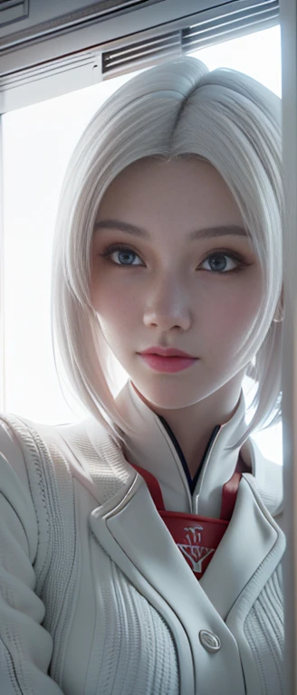 masterpiece,Game Art,Best picture quality,Maximum resolution,8K,(A bust photo),(portrait),(Head close-up),(Rule of Thirds),Unreal Engine 5 rendering works,
20 year old girl,Short hair details,Long bangs,(white hair),Red Eyes,Elegant and generous,(Large target, Full breasts),(Wearing a white coat,Red suspender underwear),shut your mouth,Serious yet charming,(scholar),Photo poses,Sci-fi style laboratory,White room,
light，Ray Tracing，Game CG，((3D Unreal Engine))，OC rendering reflection mode