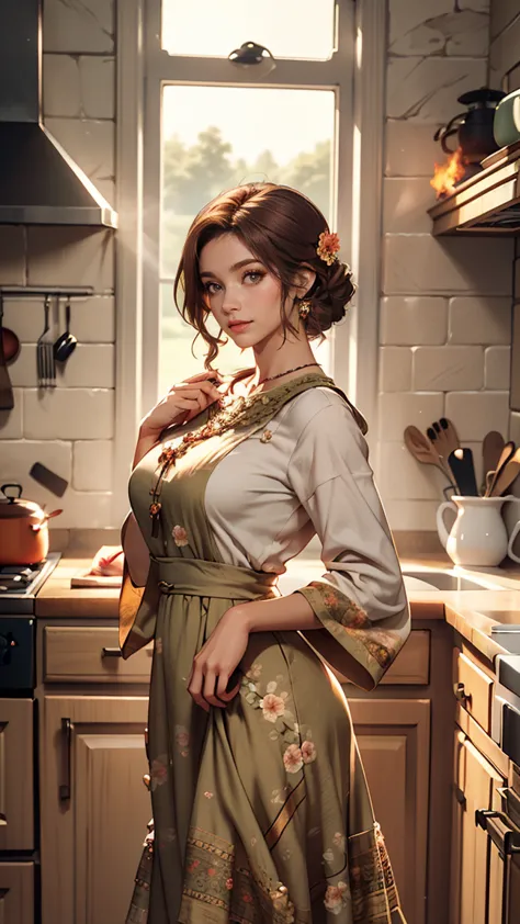 full body shoot, in a kitchen, luma is a gracious person, she is beautiful、has a strong attitude, her breasts are voluminous, fe...