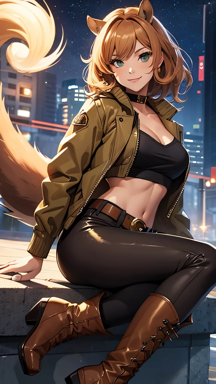 ,(Highly quality, masterpiece, detailed), Night city detailed scenario, Night city detailed background, 20 years old girl, cleavage, smile, green eyes, Squirrel girl, Brown jacket, orange shirt, crop top, gold belt, white pants, boots, fluffy boots, Squirrel tail, Abdomen, Navel, beautiful eyes, perfect eyes, looking at the viewer, Sexy pose