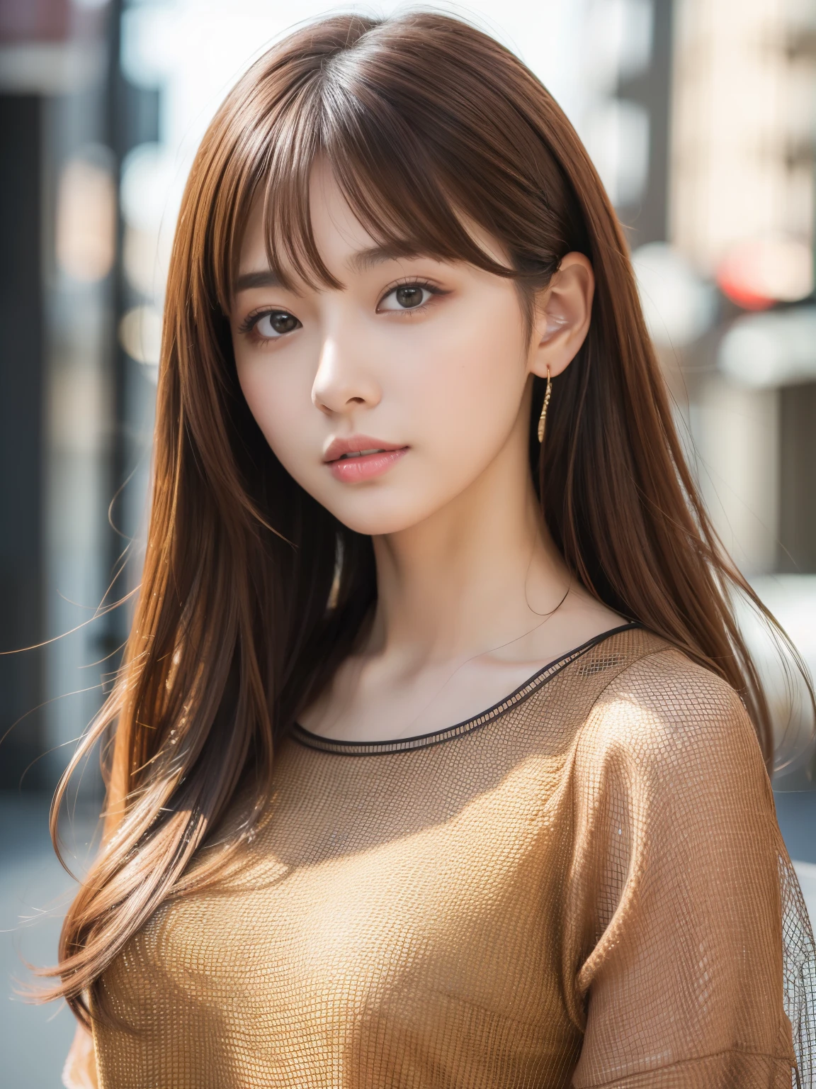 Ultra High Definition, Superior Quality, Premier Quality, ultra detailed, Photorealistic, 8k, RAW Photos, highest quality, masterpiece,  Attractive girl, Stunning girl, Brown Hair, Shoulder Length Layered, Mesh Hair, Japanese Idol, Sophisticated, Stylish, blouse, 