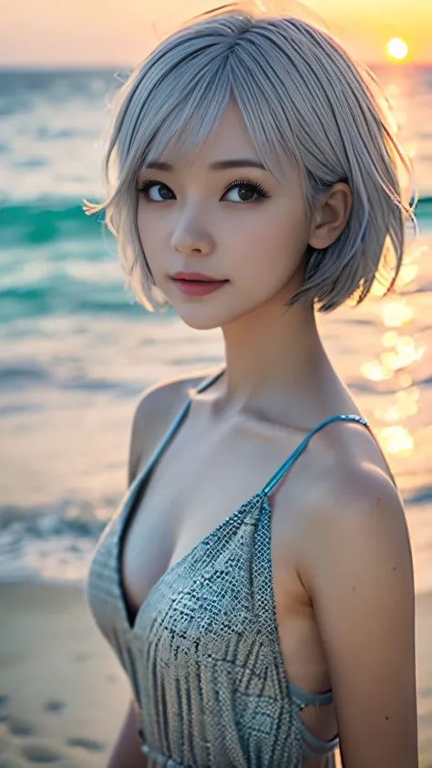 One Girl、Cute Face、Grey Hair、Bob Hair、short hair、looking at the camera、Small breastalaise、camisole、dress、Particles of light、Suns...