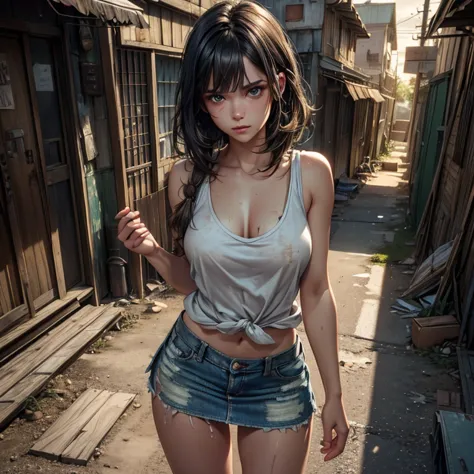 Masterpiece, best quality, 8K Wallpaper, HDR, octane rendering. A dirty girl standing, poor, (wearing filthy white tank top), (f...
