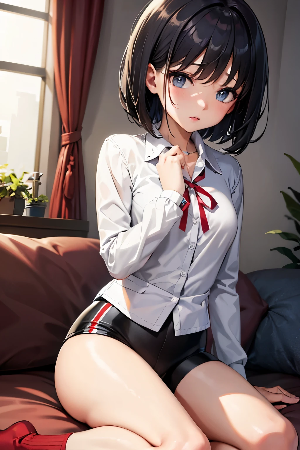 Erica、Pokémon、Black Hair、Short Hair、((Bike Pants))、Photo from below、Medium chest、Bedroom、One girl、Red ribbon on head、((White shirt))、(Black thigh-high socks)、