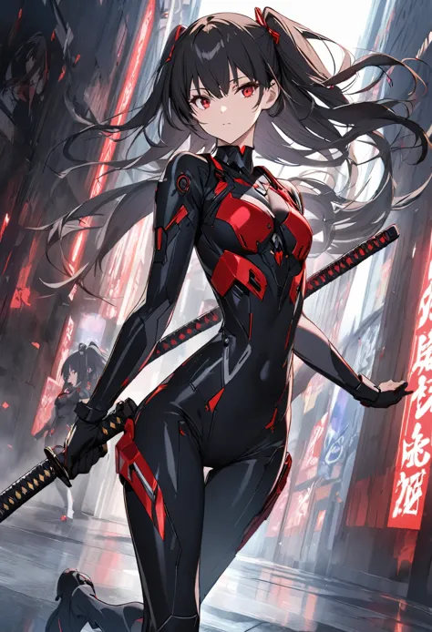 the character is a young girl with long, black hair styled in a "two side up" fashion. her captivating red eyes exude an intense...