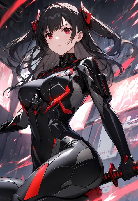 the character is a young girl with long, black hair styled in a "two side up" fashion. her captivating red eyes exude an intense...