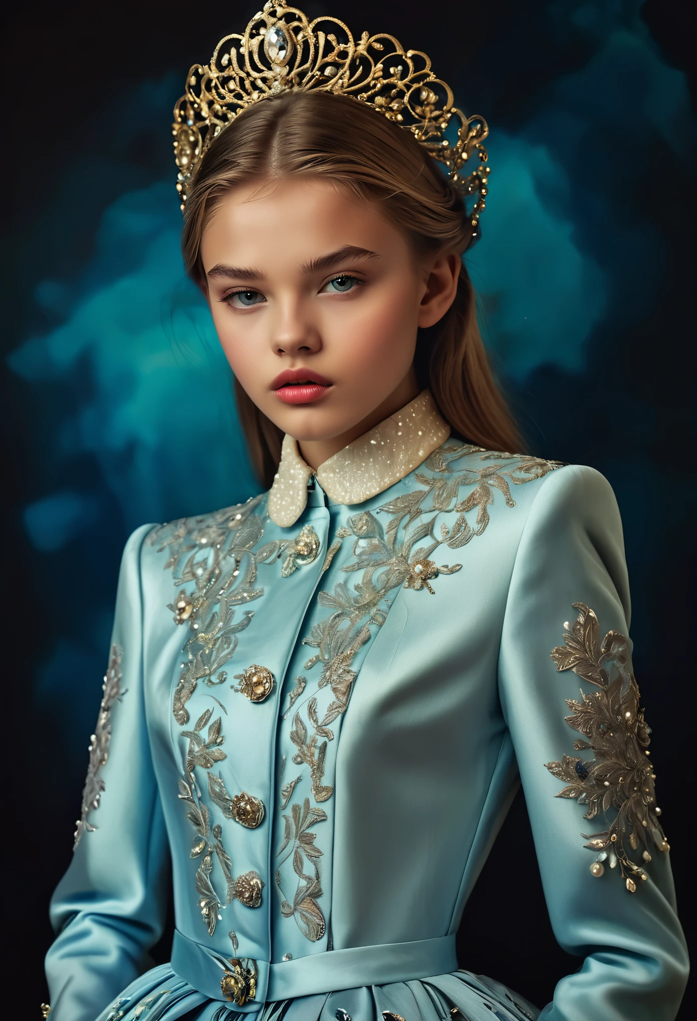 A stunningly lifelike portrait captures a 16-year-old fashion model girl with beautiful European features. She is adorned in a high-end fashion outfit, set against a dramatic background. The image, exudes cinematic colors and a photographic style. Every detail of her appearance is meticulously executed, showcasing her elegance and allure. The overall composition is a true masterpiece, elevating the beauty and sophistication of the nudity.
