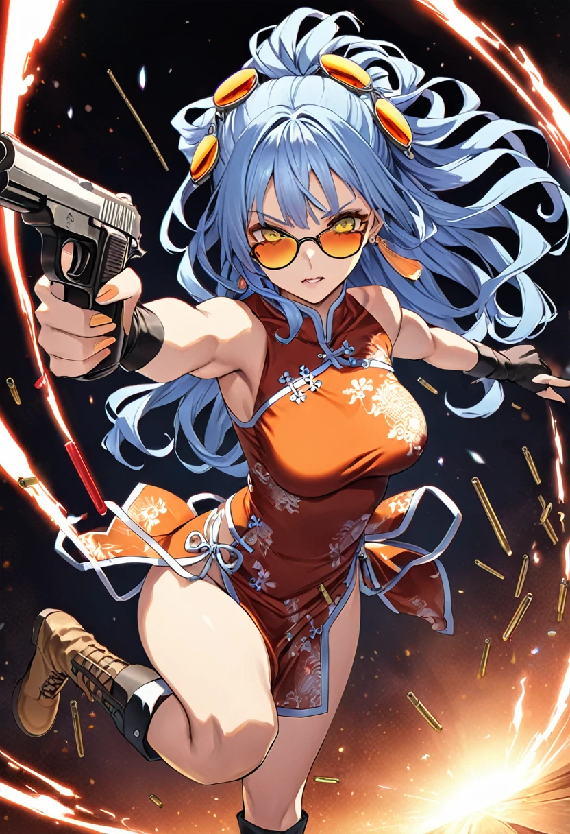 masterpiece、highest quality、Ultra-high resolution、Maximum resolution、Very detailed、Professional Lighting、anime、Adult female、thin、so beautiful、、China dress、Has a handgun、Hold a handgun with both hands、Yellow Eyes、Blue Hair、Long Wavy Hair、Earrings、Fingerless gloves、Tactical Boots、Equipped with transparent orange sunglasses、Equipped with a chest rig、1 person on the battlefield、Acrobatic movements、Shoot a bullet at the target、Dual pistols、Blood sticks
