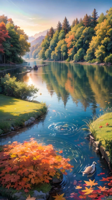 a serene lake nestled among rolling hills and colorful autumn trees. The water is so clear that you can see the fish swimming beneath the surface, while ducks paddle lazily along the shore. The golden light of the setting sun bathes the landscape in a warm glow, casting long shadows across the peaceful scene