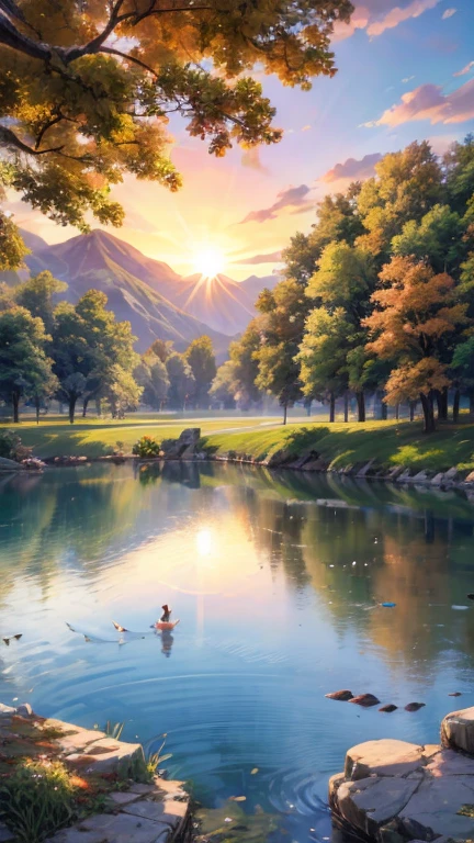 a serene lake nestled among rolling hills and colorful autumn trees. The water is so clear that you can see the fish swimming beneath the surface, while ducks paddle lazily along the shore. The golden light of the setting sun bathes the landscape in a warm glow, casting long shadows across the peaceful scene